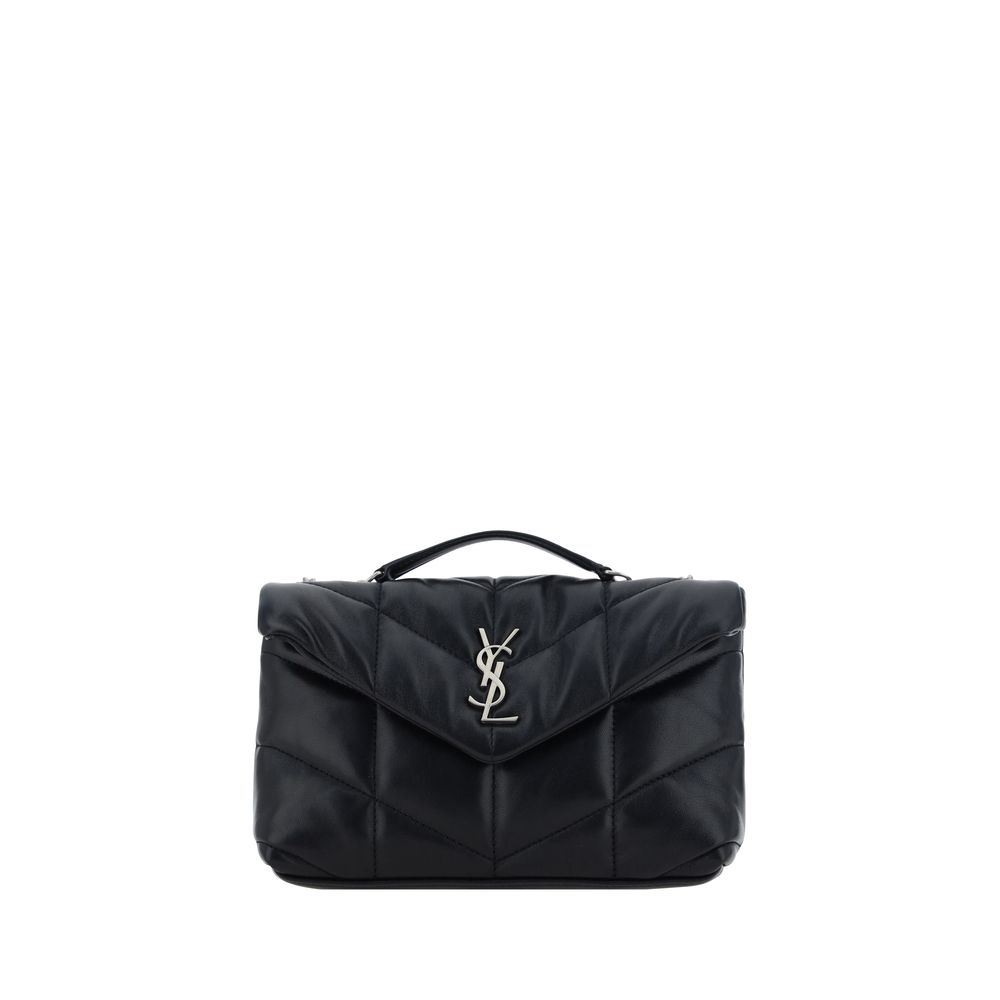 Saint Laurent Mini Shoulder Bag - Black quilted handbag with a brand logo - top handle- on a white background